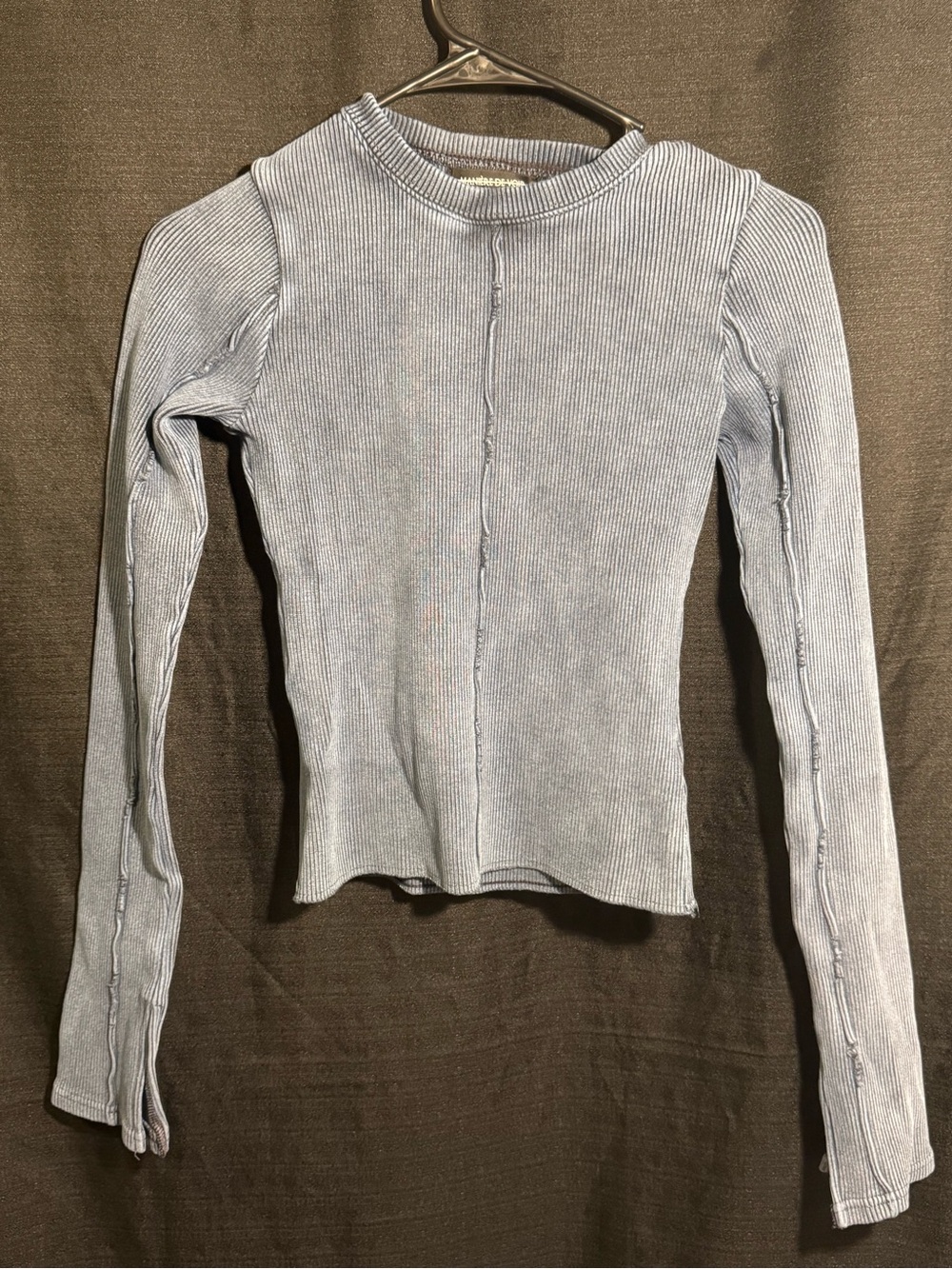 Maniere De Voir Ribbed Raw Seam Long Sleeve Top Washed Grey US 2 UK 6